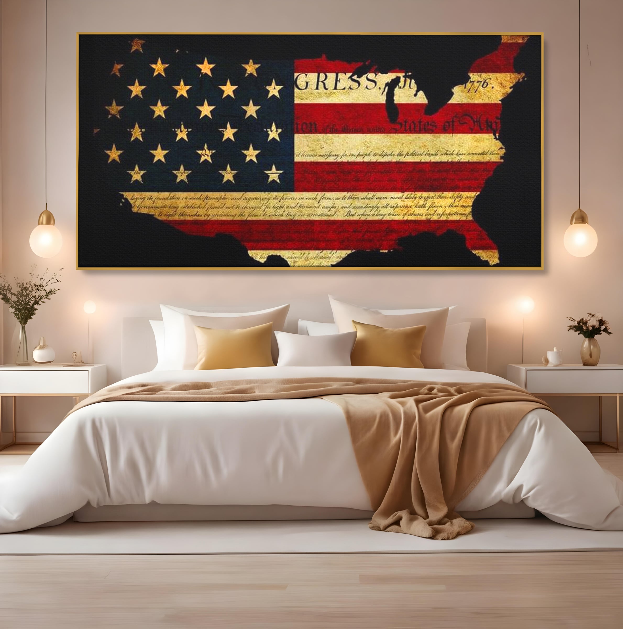 Tablou canvas cu tablou canvas cu harta statelor unite si steagul american, in rama de aluminiu auriu, pe perete intr-un dormitor